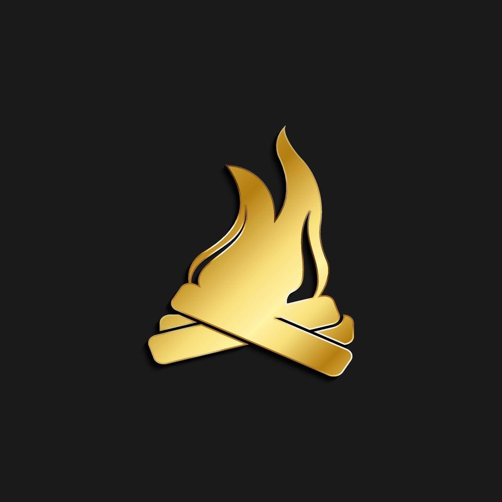 fuego, viajar, icono oro icono. vector ilustración de dorado estilo en oscuro antecedentes