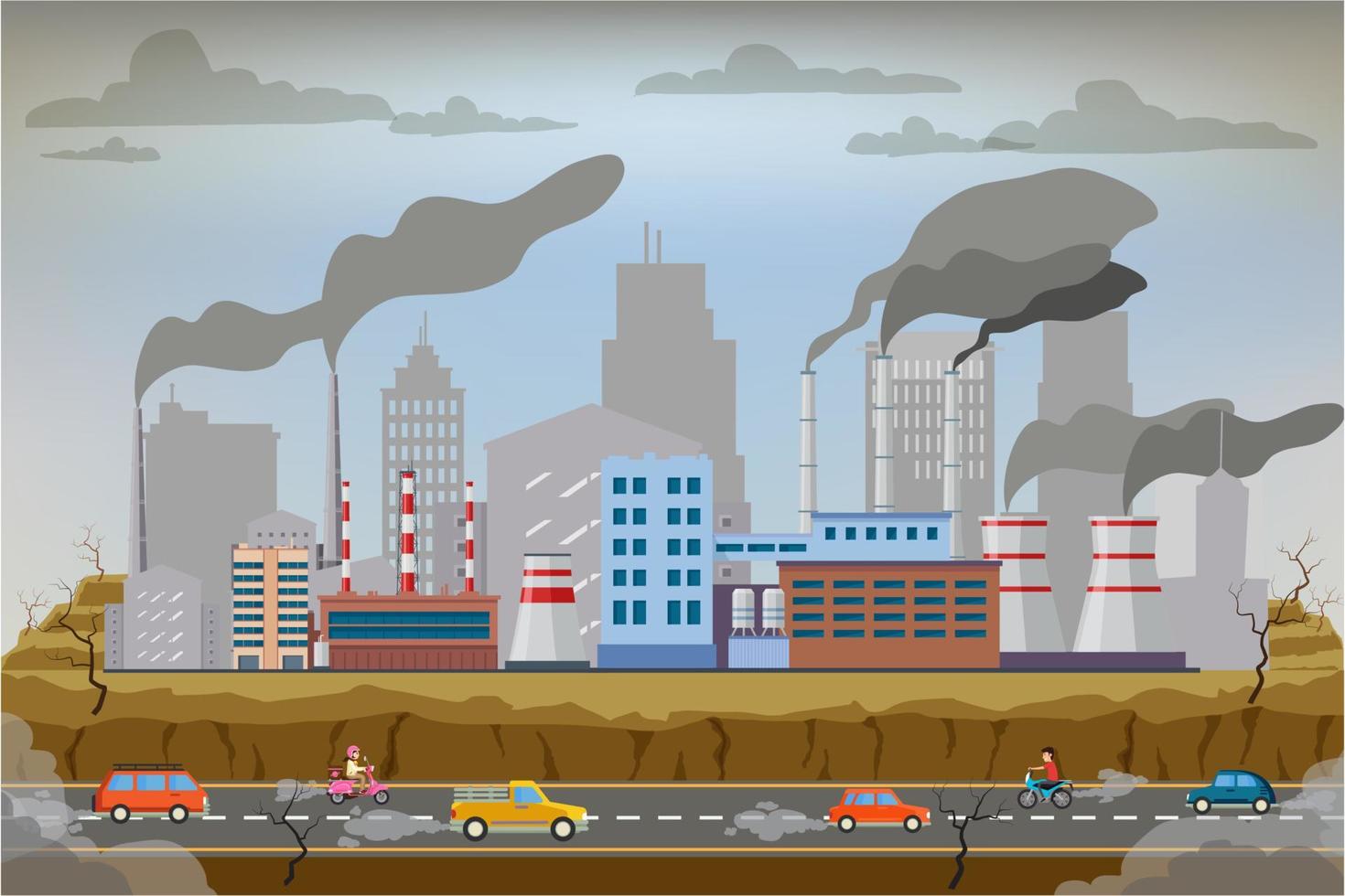 Industrial chimneys with heavy smoke causing air pollution vector