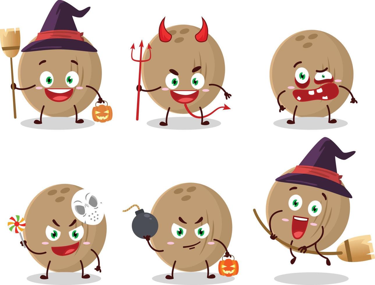 Halloween expression emoticons with cartoon character of brown coconut vector