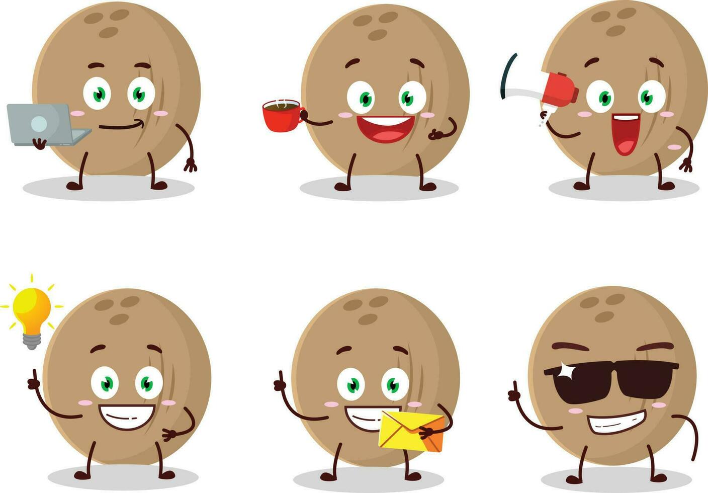 Brown coconut cartoon character with various types of business emoticons vector