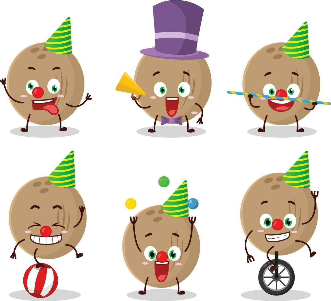 Cartoon character of brown coconut with various circus shows vector