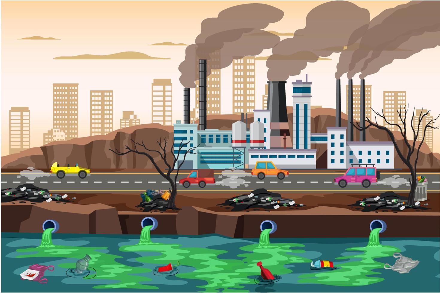 Air, water and soil pollution by industrial production,  environmental pollution vector