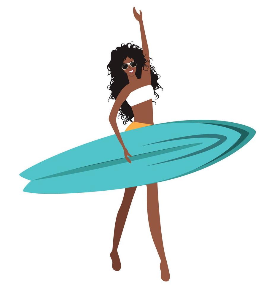 Beautiful curly tanned girl is surfing with a board to the ocean to catch a wave vector