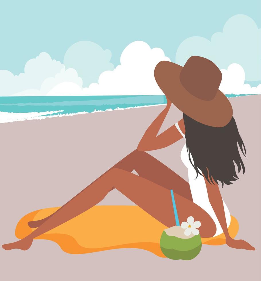 A beautiful girl in a hat and a white bathing suit sits alone on the shore, drinks a coconut and looks into the distance the skyline vector