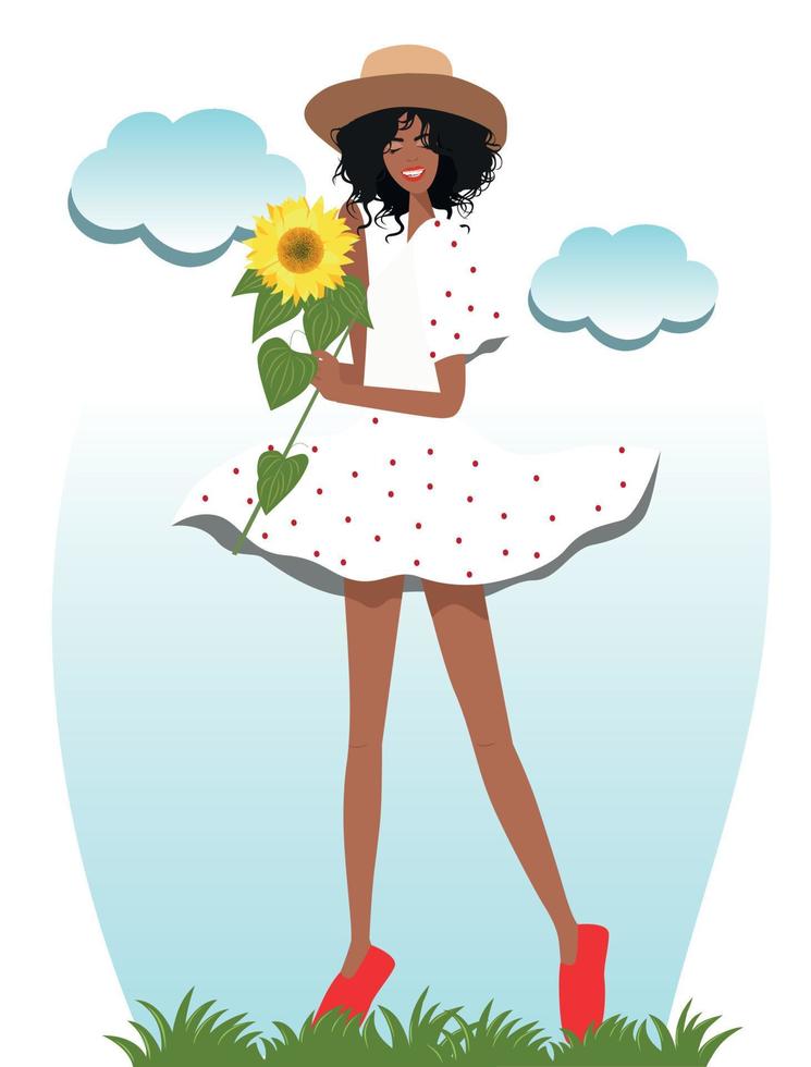 Beautiful girl in nature with sunflowers in her hands vector