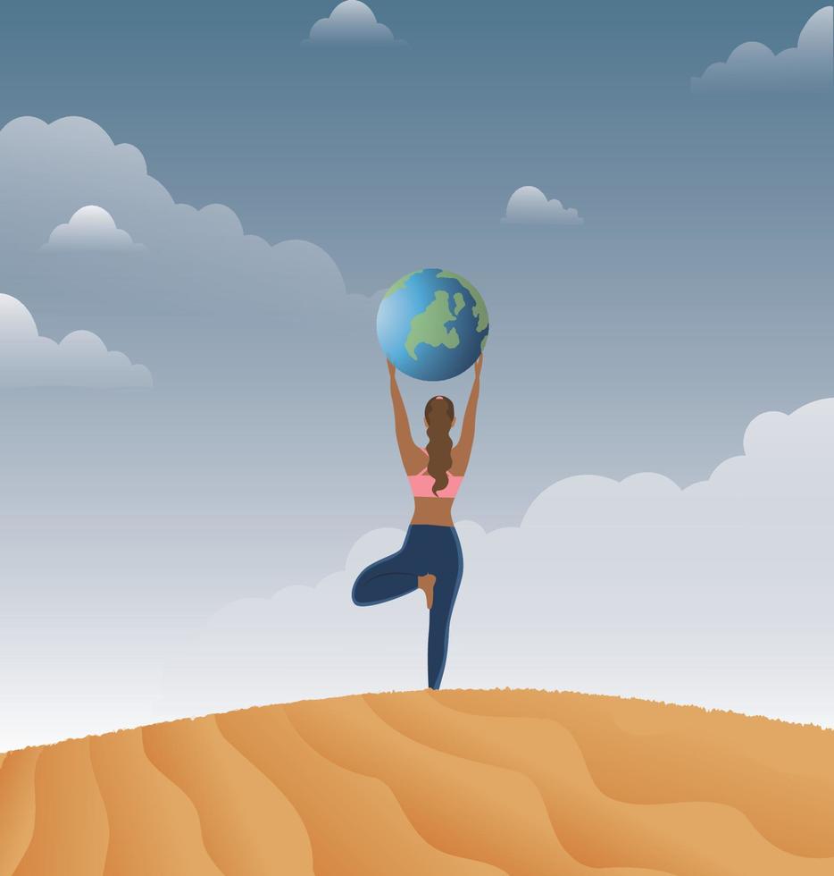 Yogi girl holding the globe in her hands and midit vector