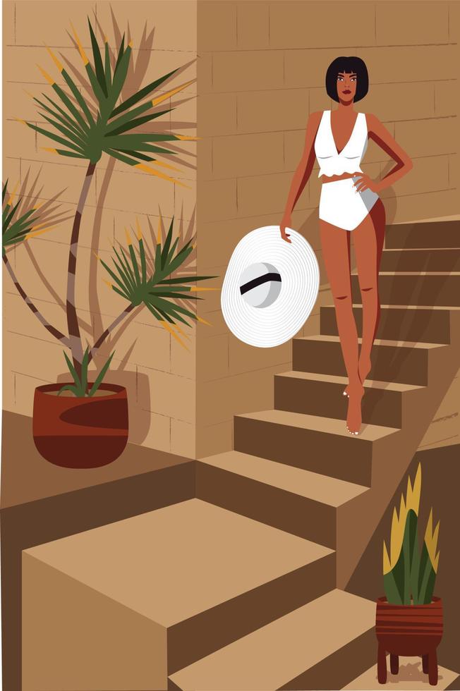 Digital illustration of a girl model in summer on vacation posing in a white bikini on the steps for a photo among the palm trees at the villa vector