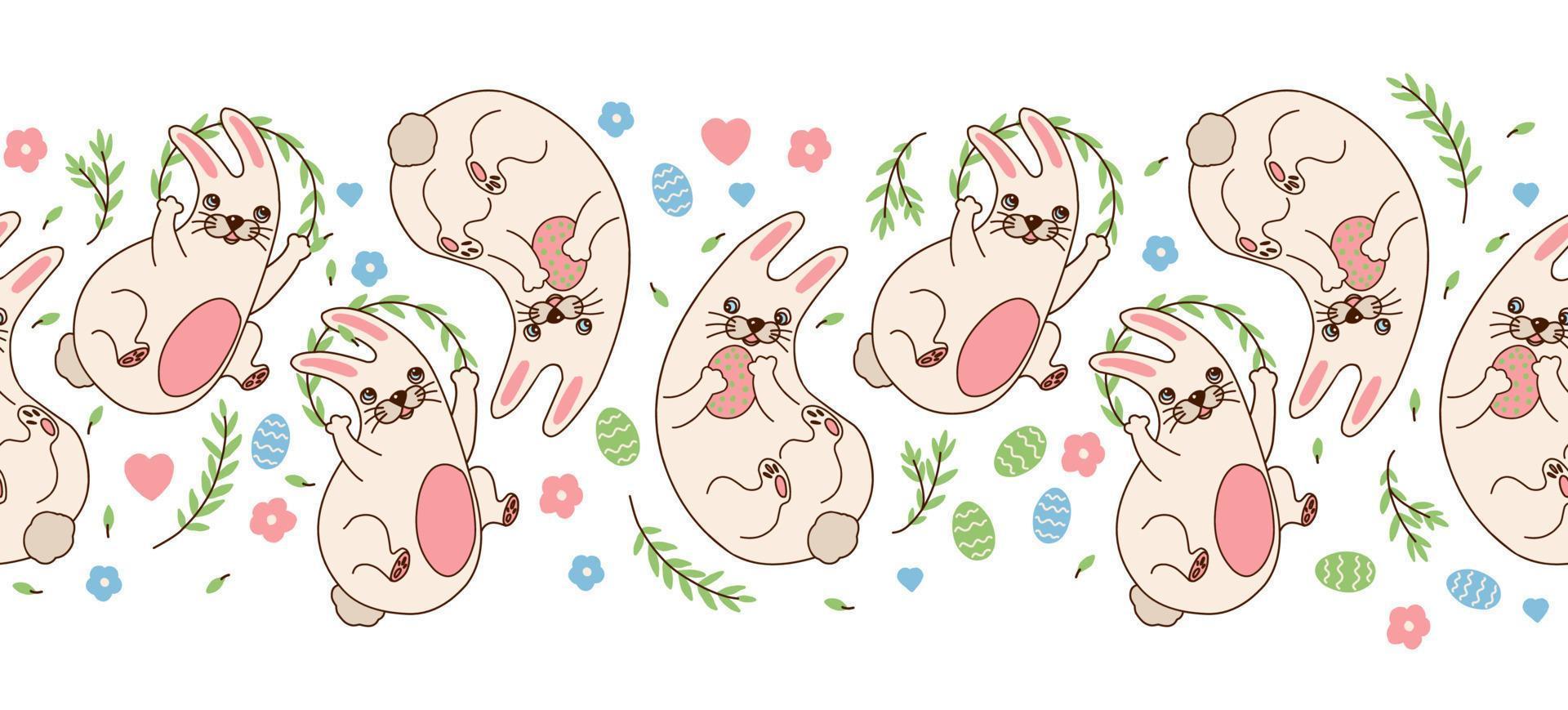 Seamless bunny border. Rabbits with Easter eggs, twigs and flowers. Funny rabbit seamless ornament. Easter decor vector