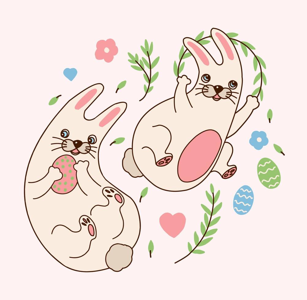 kawaii infantil linda conejito pegatina. conejos con Pascua de Resurrección huevos, leña menuda y flores gracioso Conejo póster. Pascua de Resurrección decoración vector