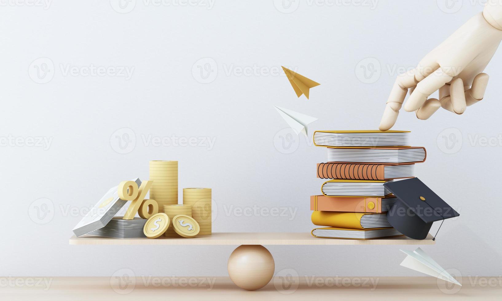 Graduation cost or expensive education or scholarship loan. money with stack of books and cap or hat, idea of tuition budget or college, university learning fee, profit or earnings. 3d rendering photo