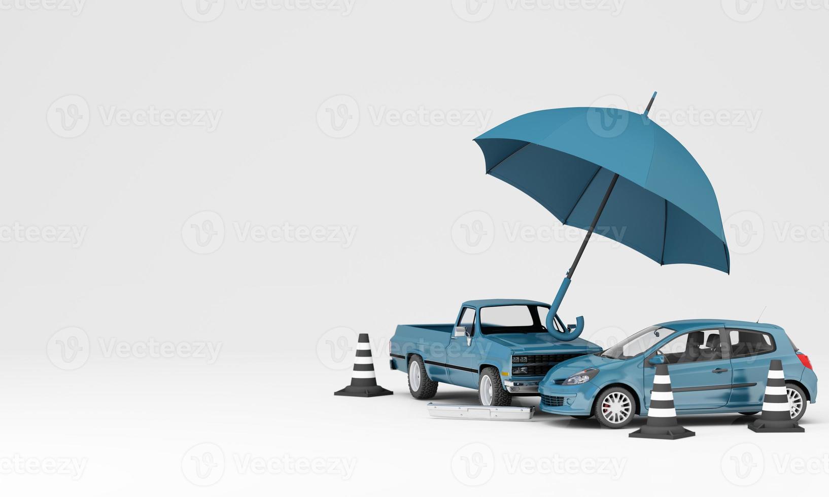 Car protection and safety assurance concept, car insurance web banner design. small blue automobile car under the blue umbrella isolated on white background. cartoon style. 3d rendering photo