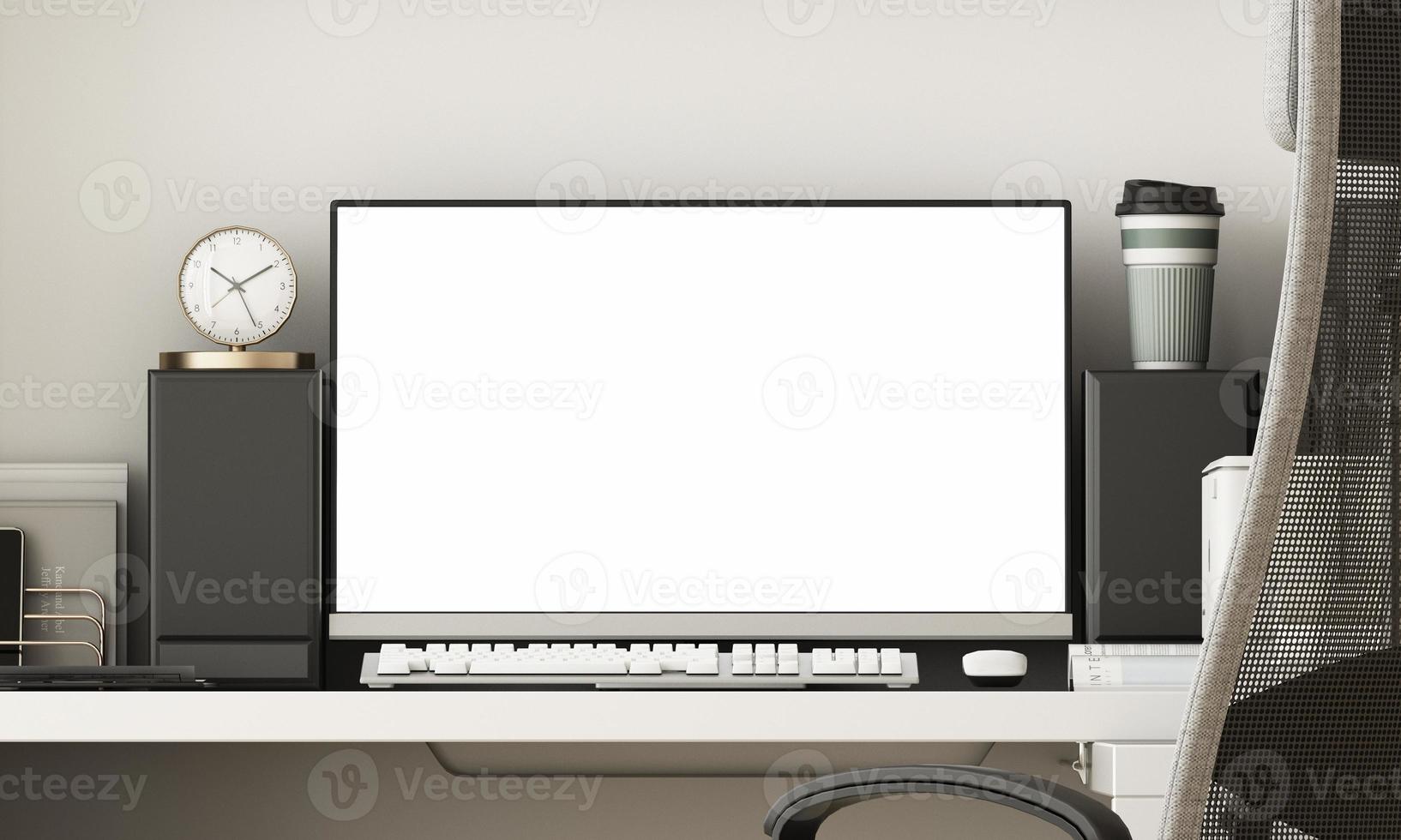 lugar de trabajo. escritorio aislado blanco pantalla con planta y oficina equipo con teclado, ratón y ordenador portátil. 3d representación foto