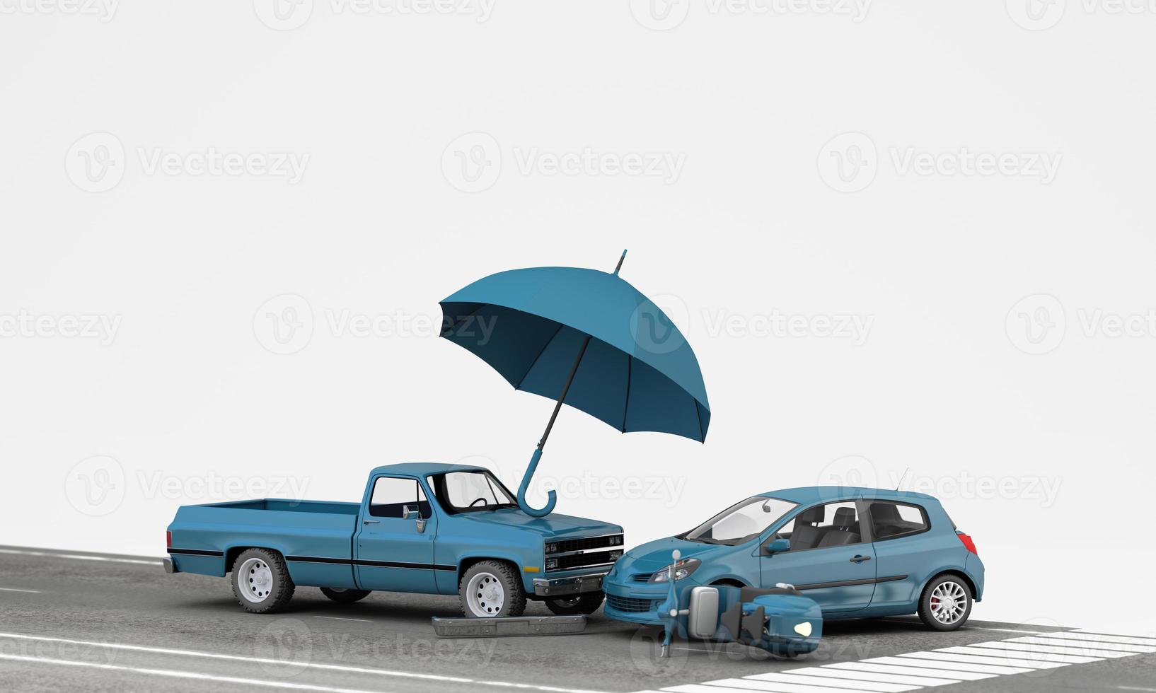 Car protection and safety assurance concept, car insurance web banner design. small blue automobile car under the blue umbrella isolated on white background. cartoon style. 3d rendering photo