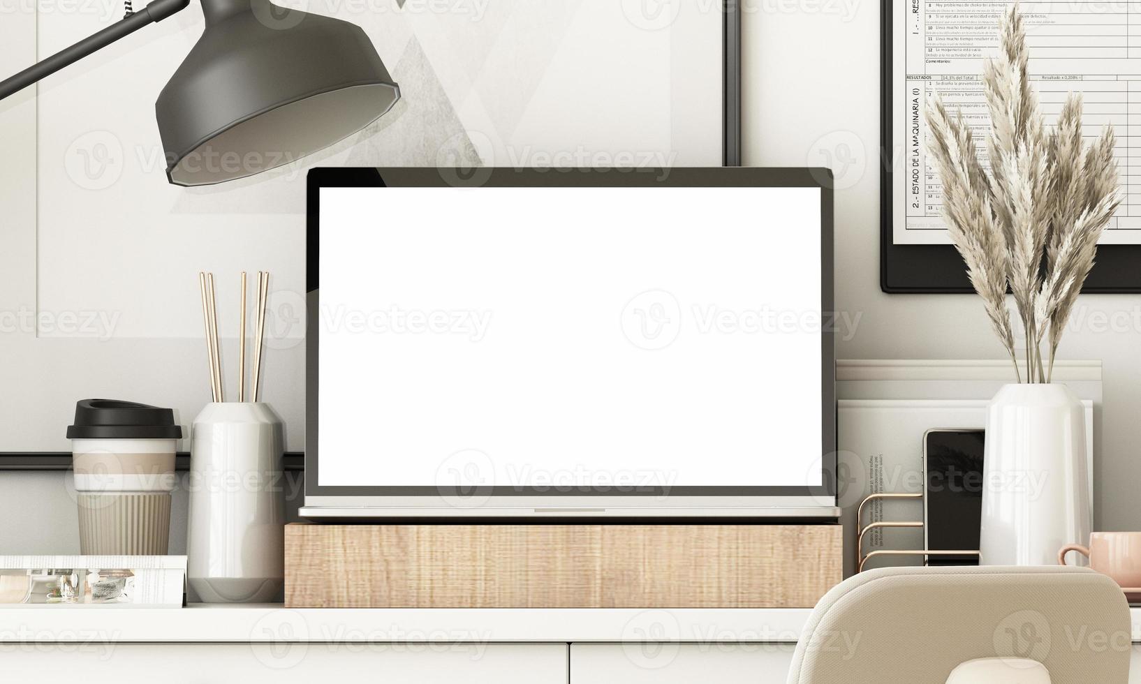 Workplace. Desktop isolated blank screen with plant and office equipment with keyboard, mouse and laptop. 3d rendering photo