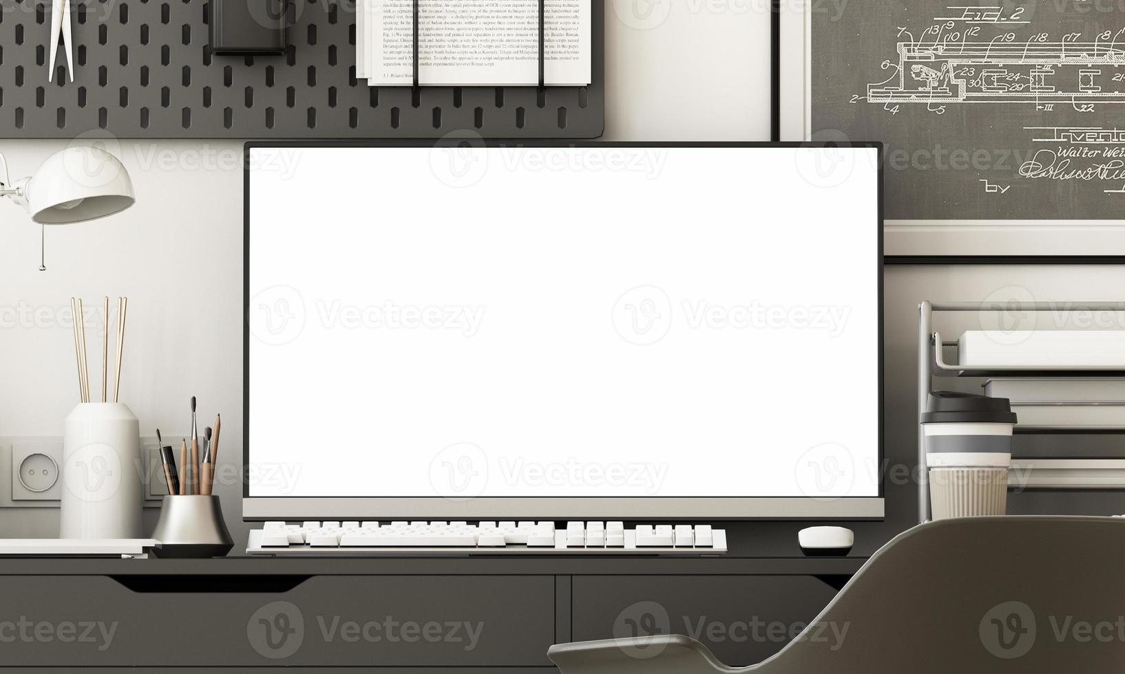 Workplace. Desktop isolated blank screen with plant and office equipment with keyboard, mouse and laptop. 3d rendering photo