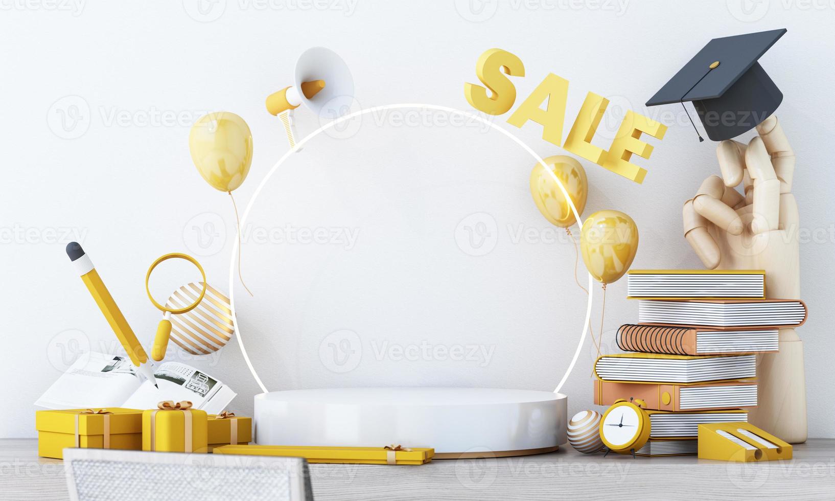 Back to school sale banner money with stack of books and cap or hat and sale red text and podium product stand in white background for education school shopping promotion. 3d render illustration. photo