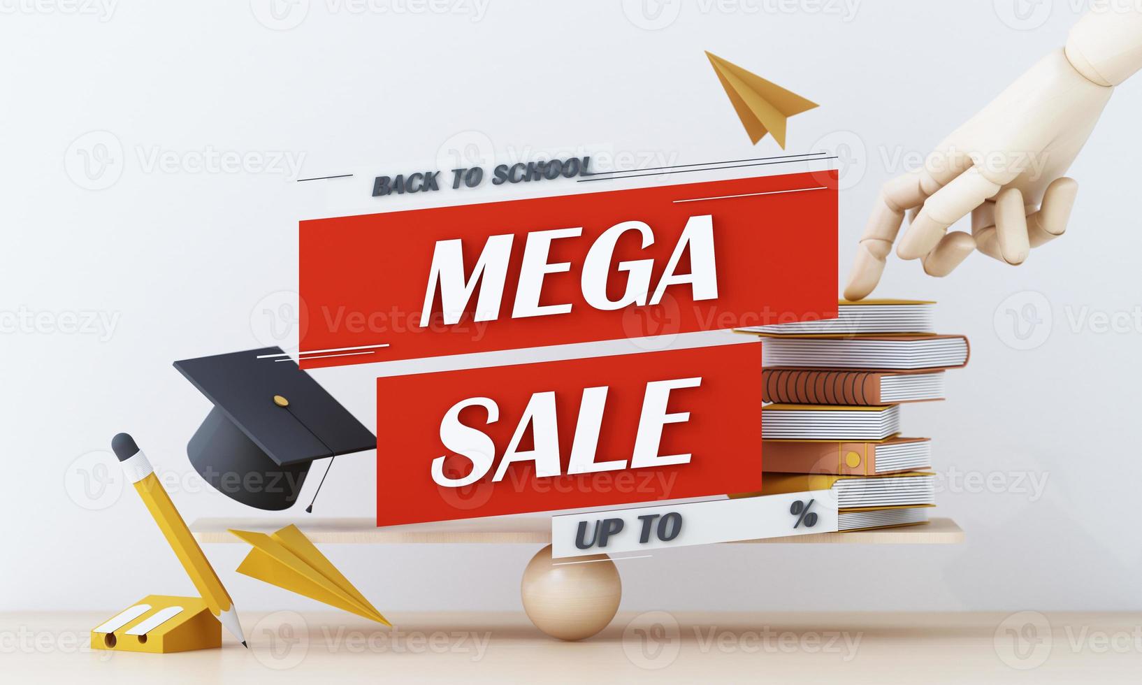 Back to school sale banner money with stack of books and cap or hat and sale red text and podium product stand in white background for education school shopping promotion. 3d render illustration. photo