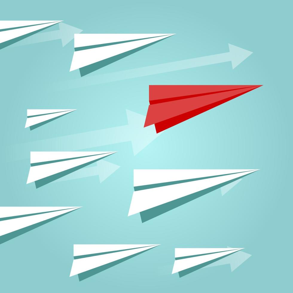 Flying paper planes on the blue sky with red paper plane. Career, growth or leadership concept. Travel or migration concept. Air mail, post letter, delivery service or e-mail vector concept.