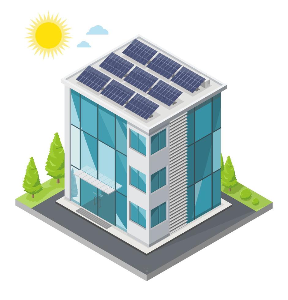 oficina isométrica trabajo estación vaso edificio con solar paneles para salvar energía ecología concepto parte superior ver fuera puerta aislado ilustración dibujos animados paisaje urbano vector