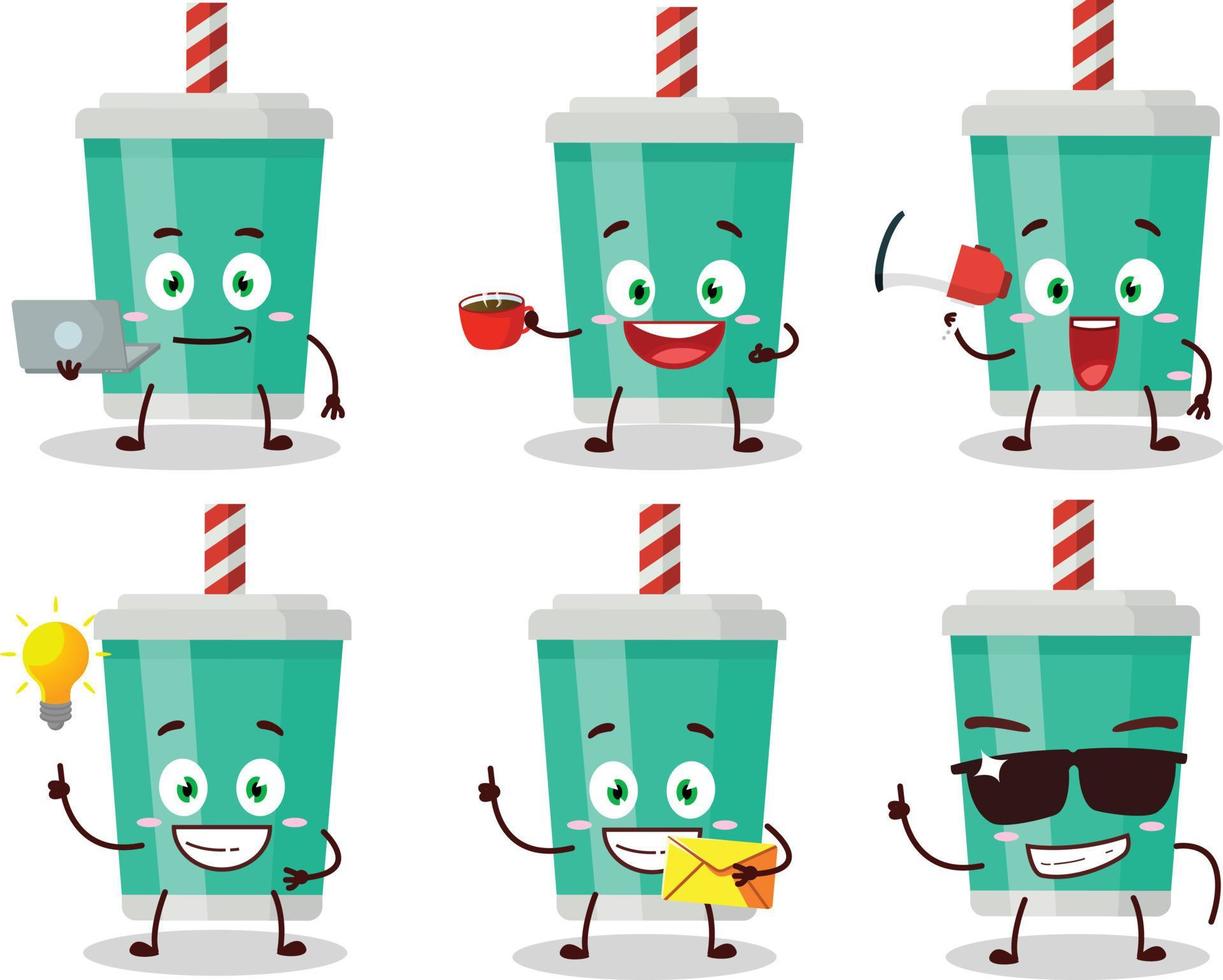Soda bottle cartoon character with various types of business emoticons vector