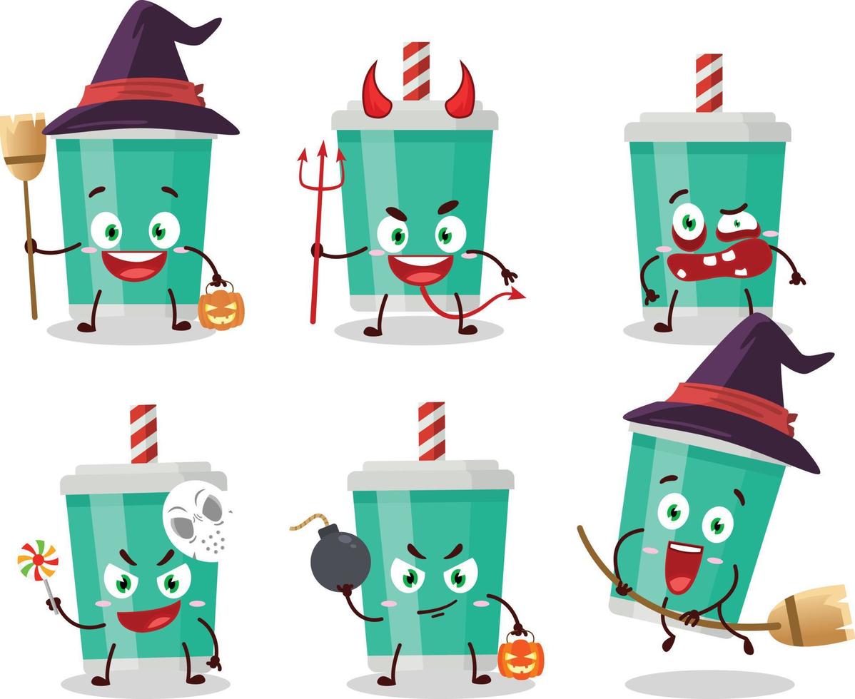 Víspera de Todos los Santos expresión emoticones con dibujos animados personaje de soda botella vector