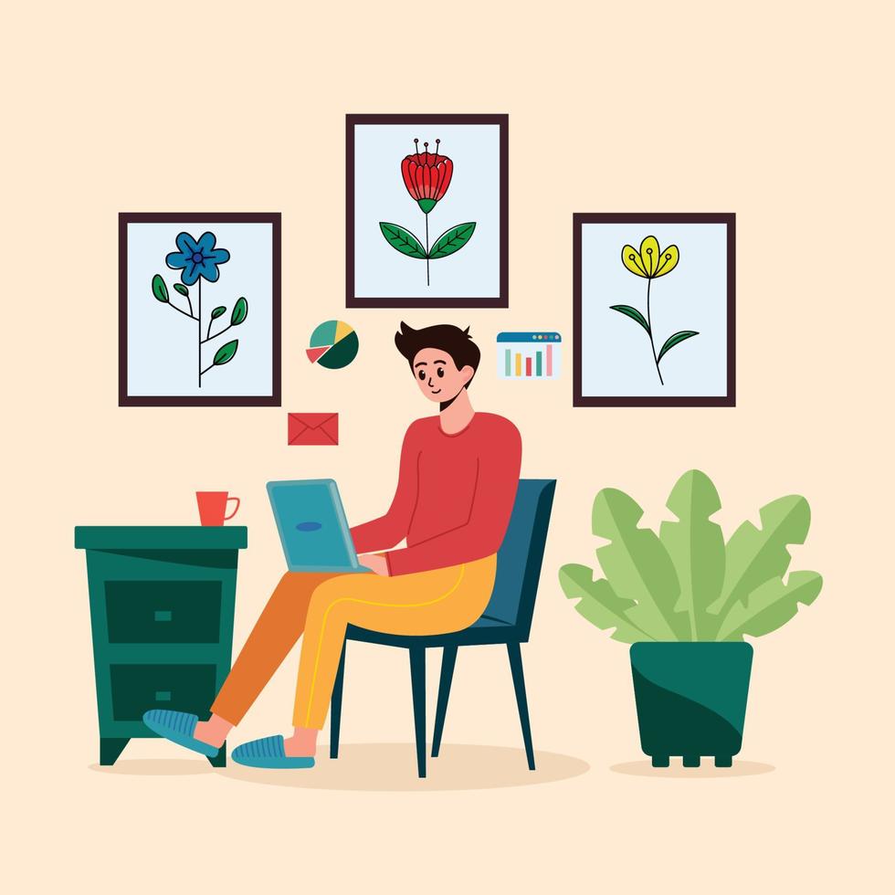vector ilustración de trabajando en línea en frente de ordenador portátil a hogar