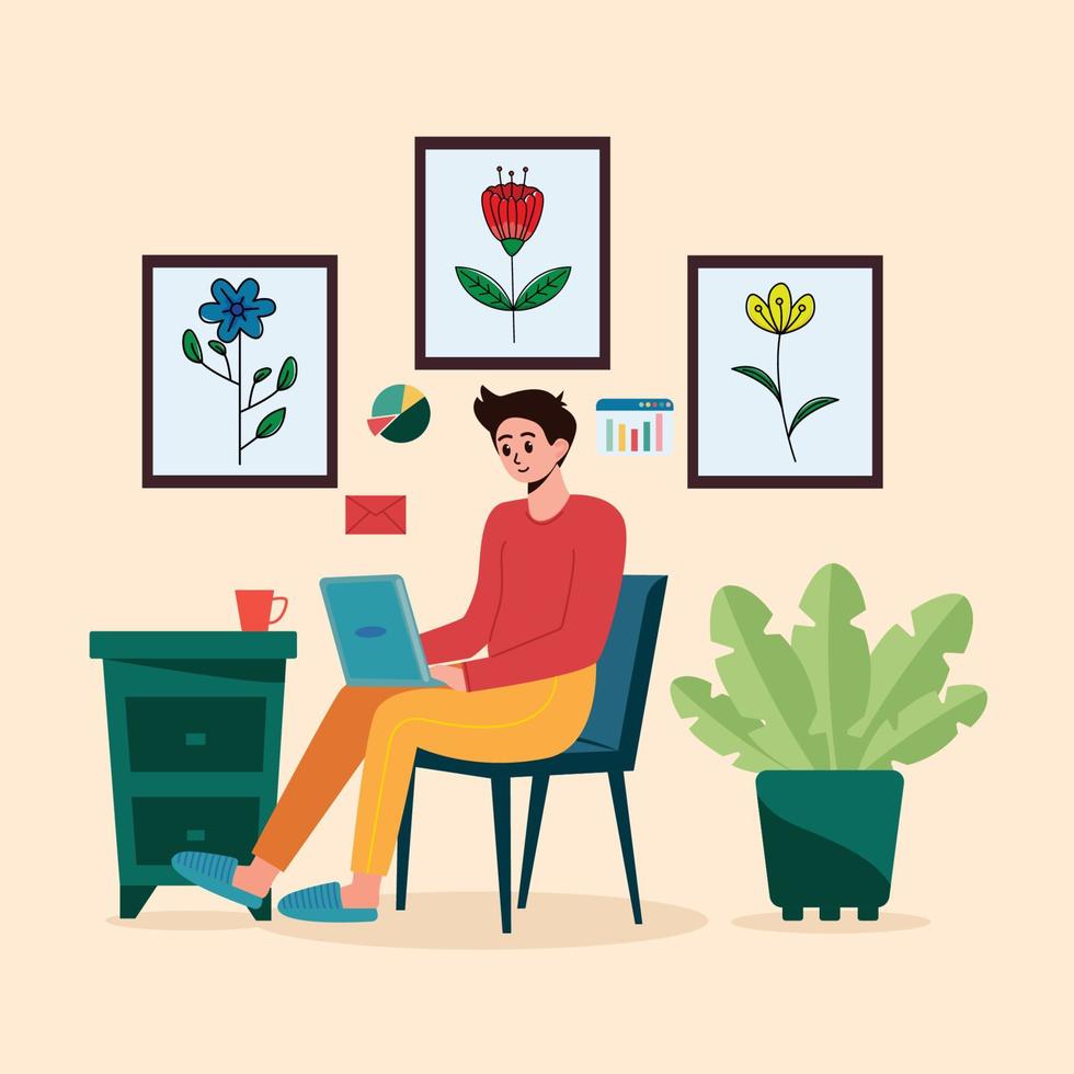 vector illustration of working online in front of laptop at home