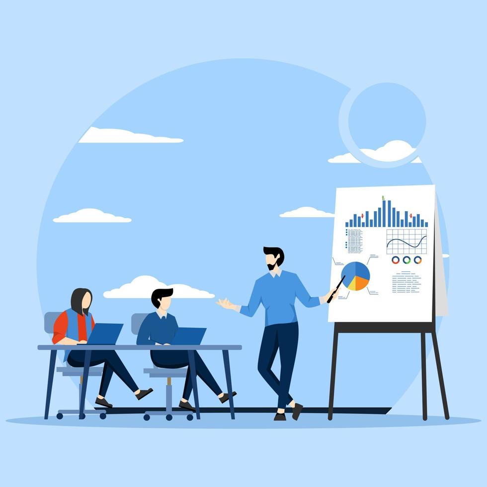 Business presentation vector people, business people presenting charts and graphs to colleagues. Results and data concept. Coach giving presentation to client, vector flat design illustration.