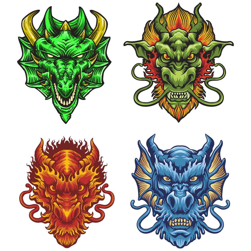 Vector set of colorful dragon heads