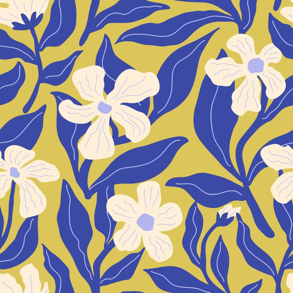 Seamless creative floral pattern. Fancy naive blooms, texture design for fabric, textile. Colored flat graphic vector illustration.