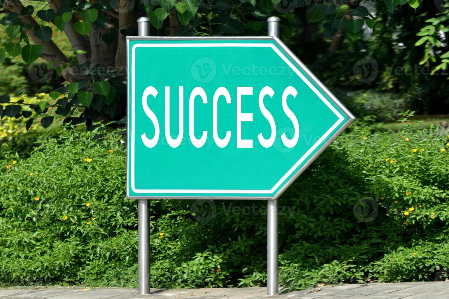 Success - Green Arrow Signpost and Bush in Background photo