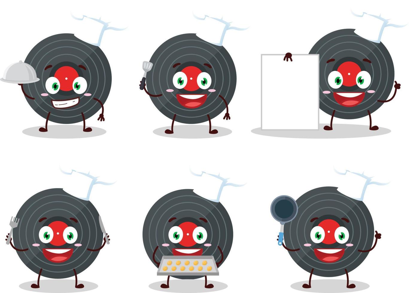 Cartoon character of vynil record with various chef emoticons vector