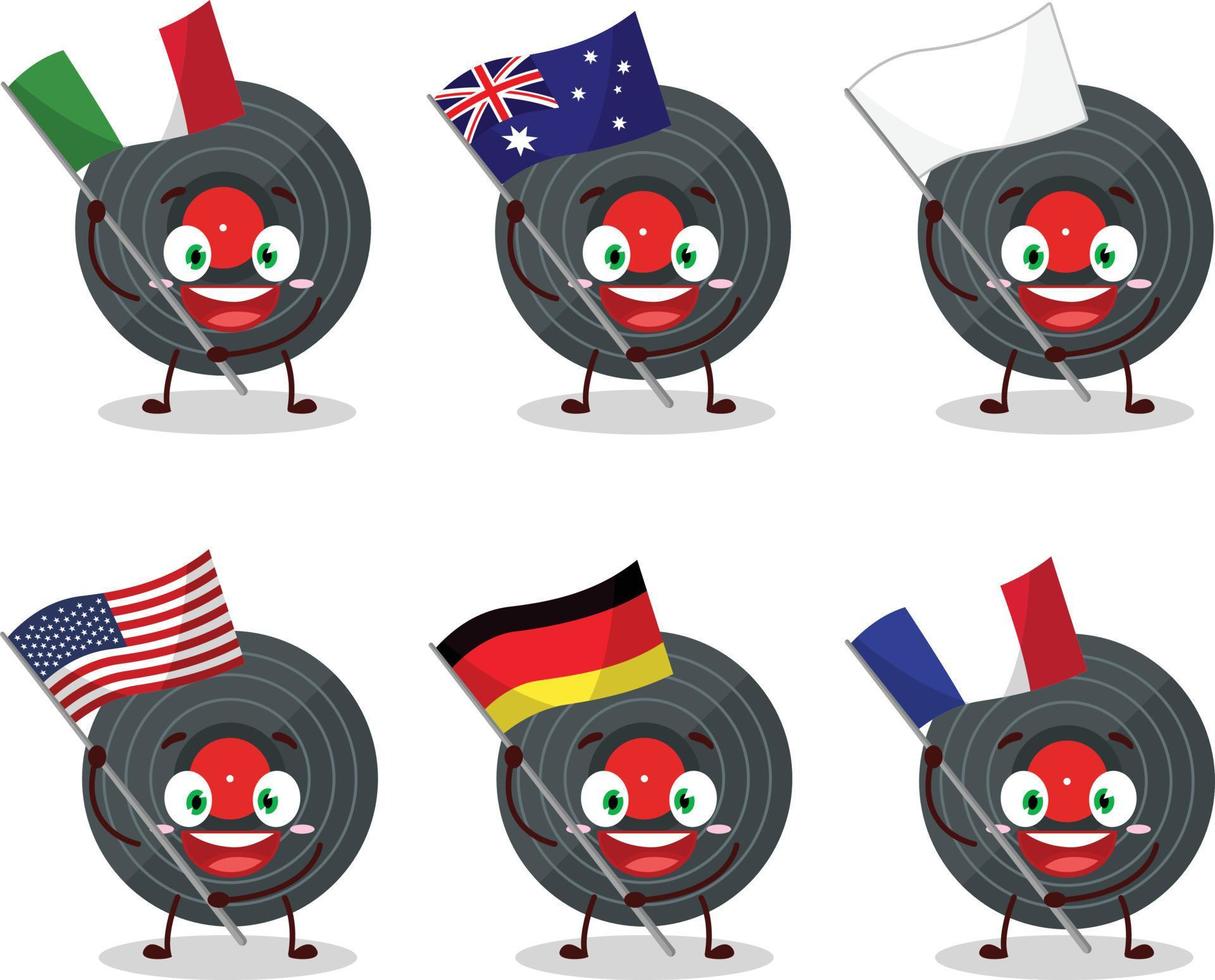 vinilo grabar dibujos animados personaje traer el banderas de varios países vector