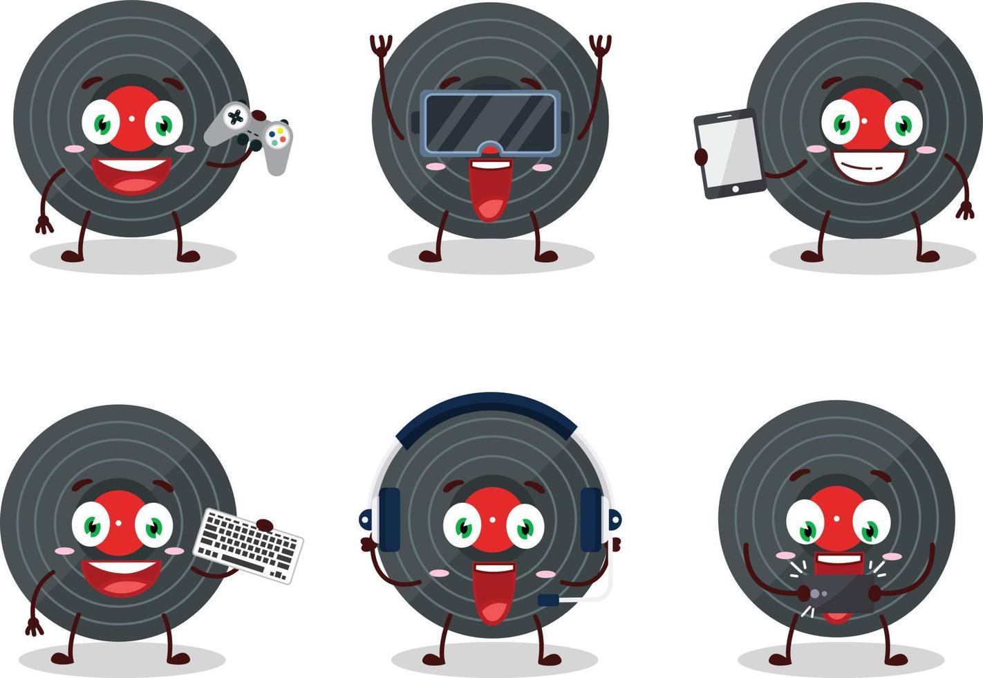 Vynil record cartoon character are playing games with various cute emoticons vector