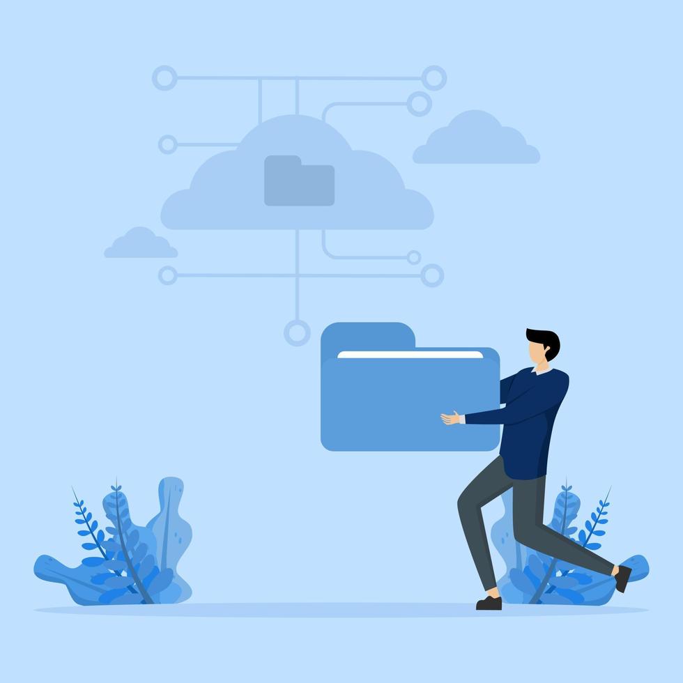 Internet hosting concept, online service for file management and digital information storage, Man placing folders in the cloud. web database, flat vector illustration