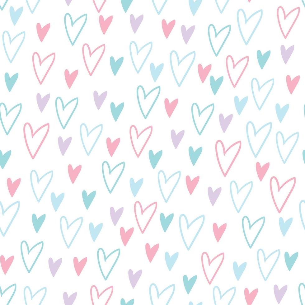 Simple seamless pattern with pink, blue and purple hand drawn hearts on white background. For children's room, wallpaper, textile, gift paper, notebook cover vector