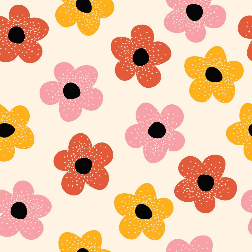 Y2K daisy flowers seamless pattern in groovy retro funky style. Simple shaped flowers vector background. Cozy vintage fabric print, textile, home deco.
