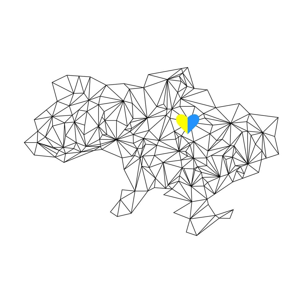 Vector illustration of Ukrainian map with blue and yellow heart in geometric graphic polygonal style. Can be used for web design, social net posting, posters, cards, banners.