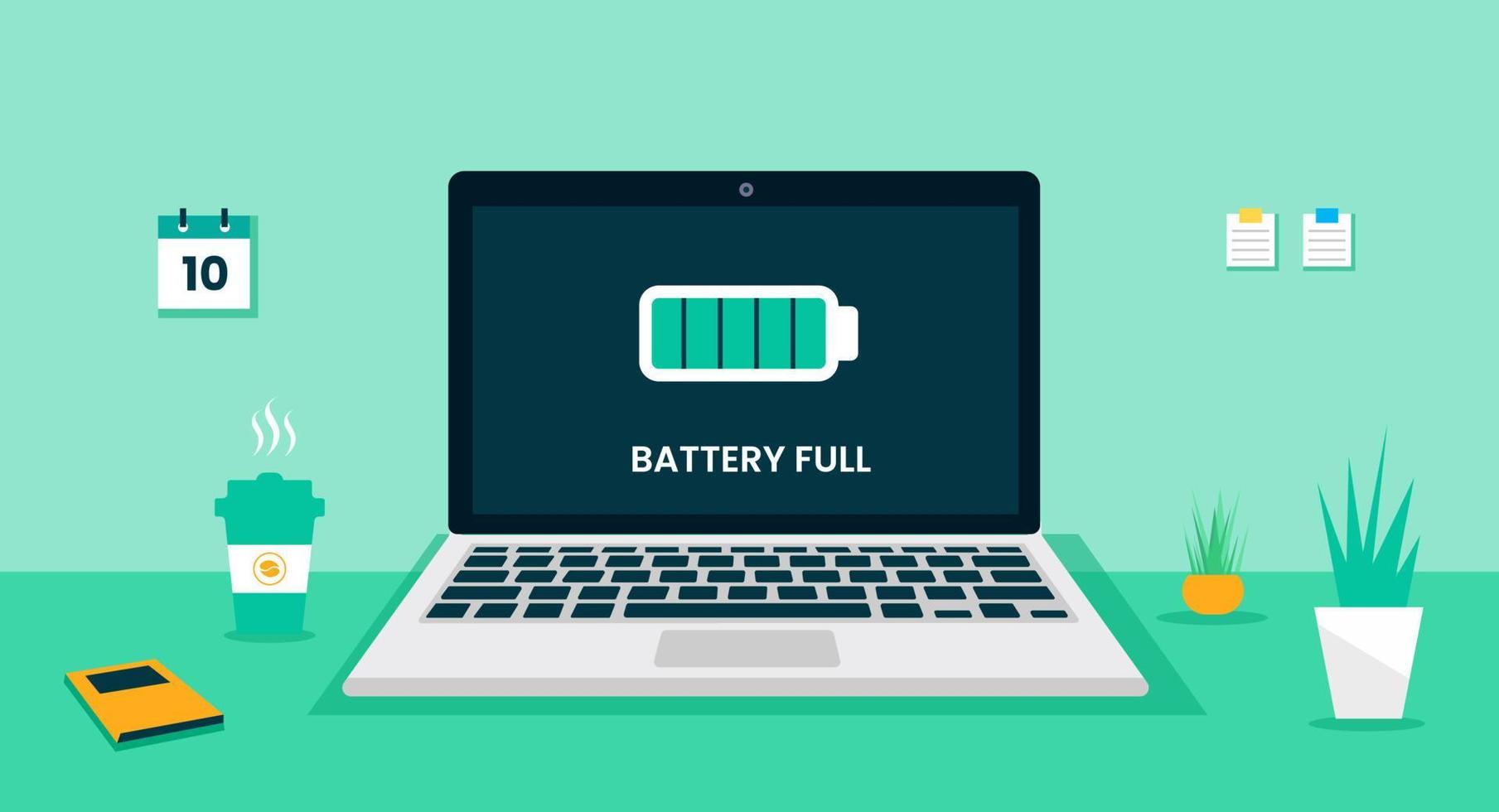 Laptop computer desk battery full icon on screen concept, vector flat design illustration. laptop desk vector flat design. computer desk vector flat design. computer desk working space.