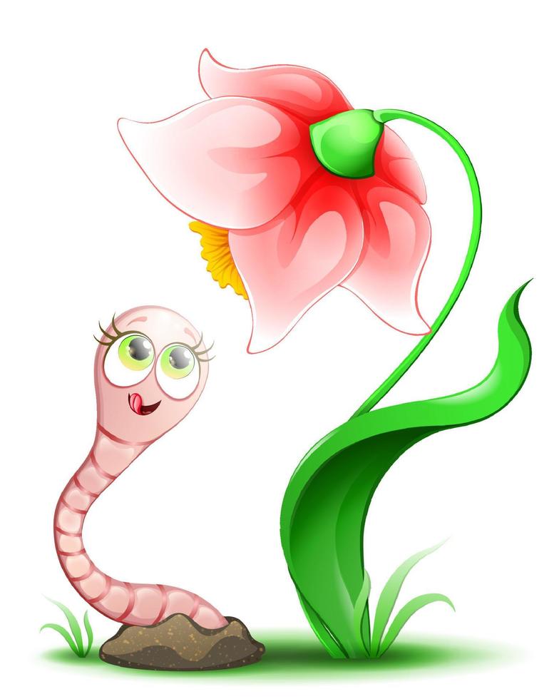 Cute cartoon funny worm girl peeking out of the ground and looking on flower. vector