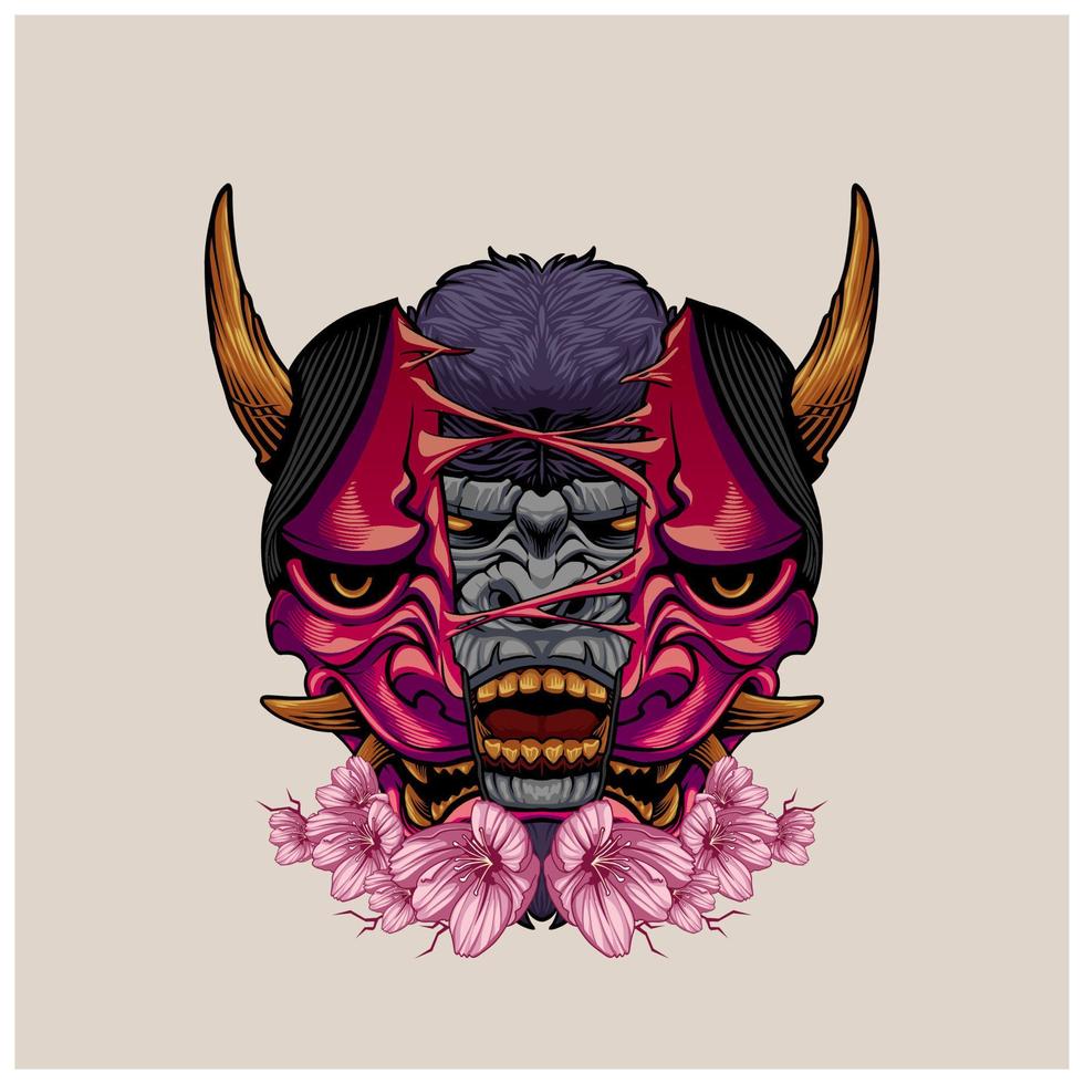 Japanese Samurai and Hannya Mask Graphic Tee and Logo Design vector