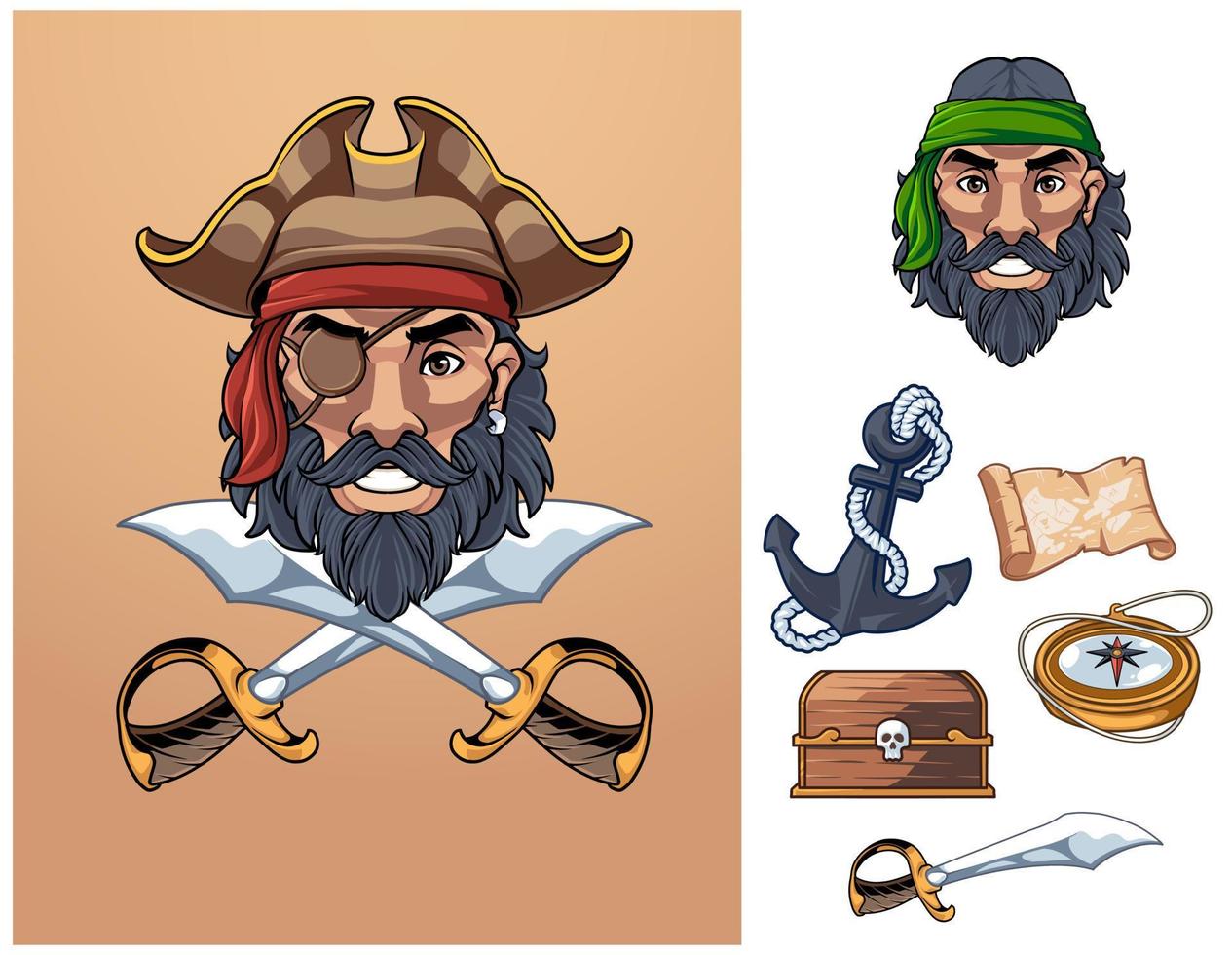 pirata mascota logo con espada, ancla, y bienes vector