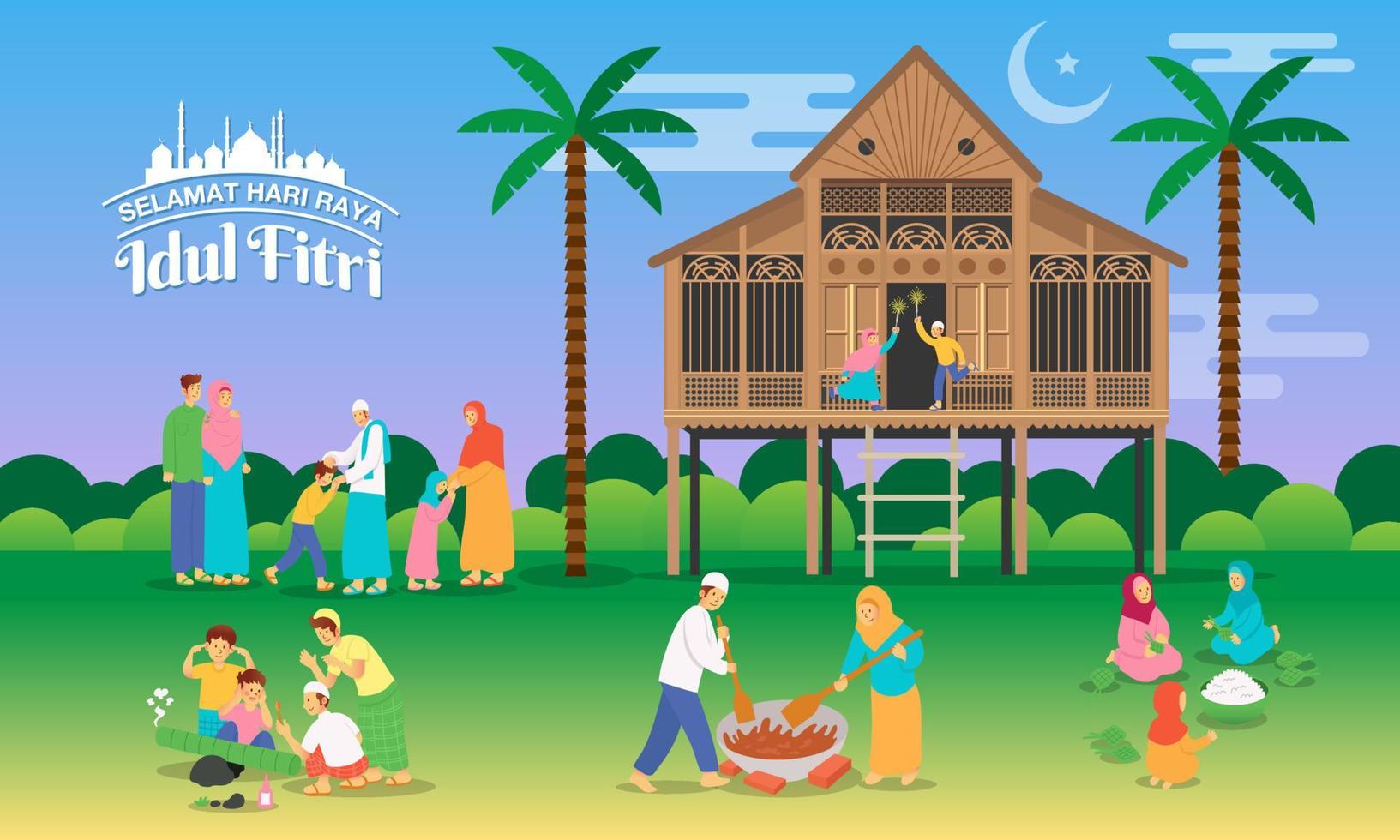 selamat hari raya idul Fitri es otro idioma de contento eid Mubarak en indonesio. saludo tarjeta con variante actividad de musulmán pueblos celebrando eid al-fitr en el puebloadha 21 vector