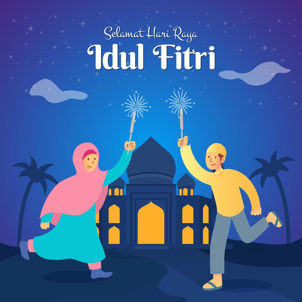 selamat hari raya idul Fitri es otro idioma de contento eid Mubarak en indonesio. niños en musulmán ropa saltando y jugando con petardo celebrando eid Mubarak en el noche vector