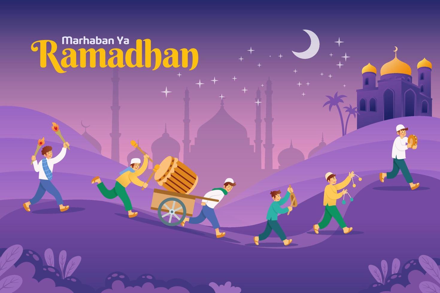 Marhaban Ya Ramadhan, translation Welcome Ramadan with Betawi tradition called Ngarak Bedug or parading a big wooden drum to wake up neighbors for sahur during the Ramadhan fasting month vector