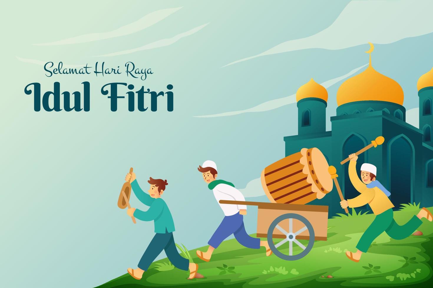 elamat hari raya Idul Fitri, translation happy eid mubarak with a group of youngster parading a big wooden drum to to celebrate eid mubarak in the night vector