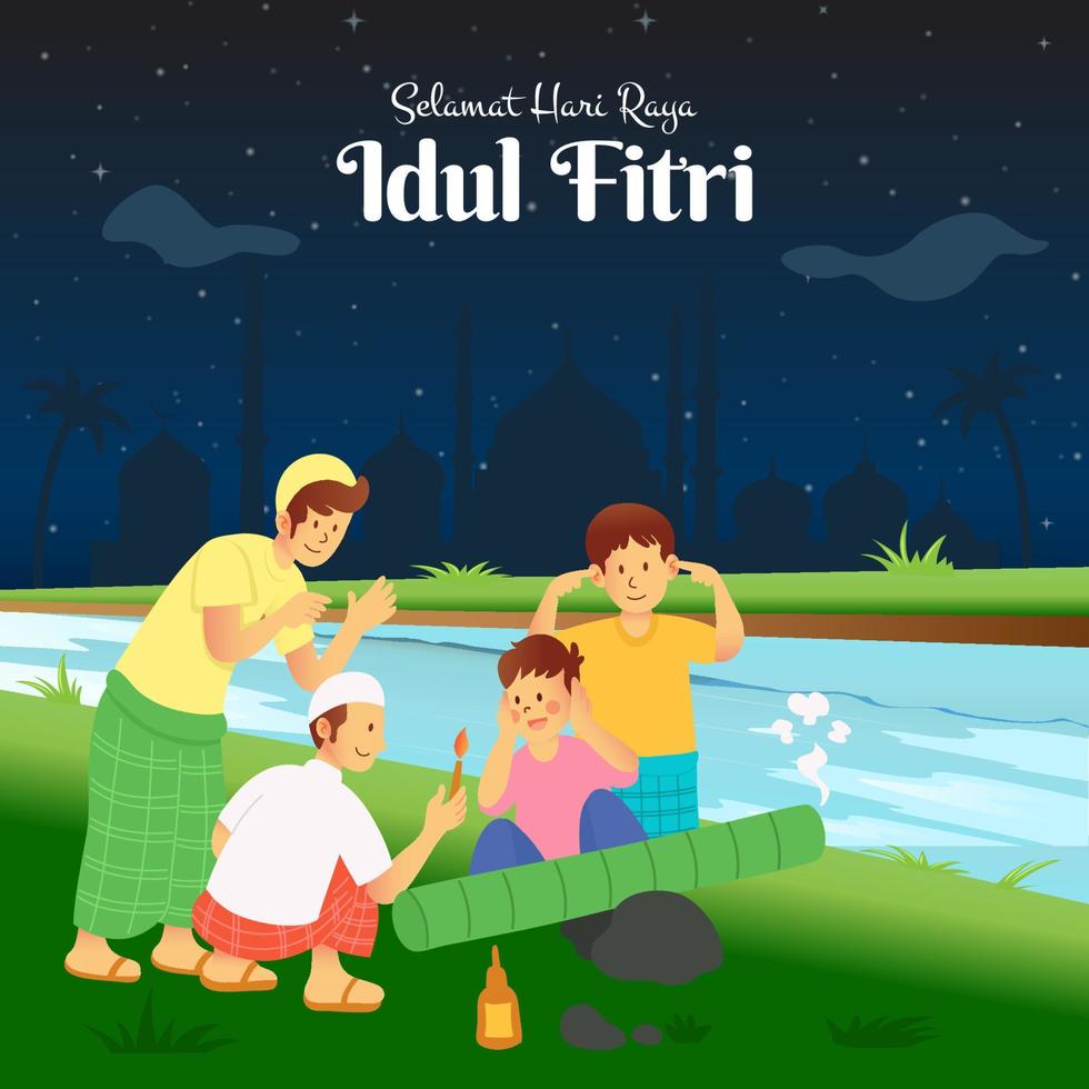 Selamat hari raya Idul Fitri, translation happy eid mubarak. Children Playing Meriam bambu, traditional cannon made of bamboo wood at riverside to welcoming the month of ramadan in Indonesia vector