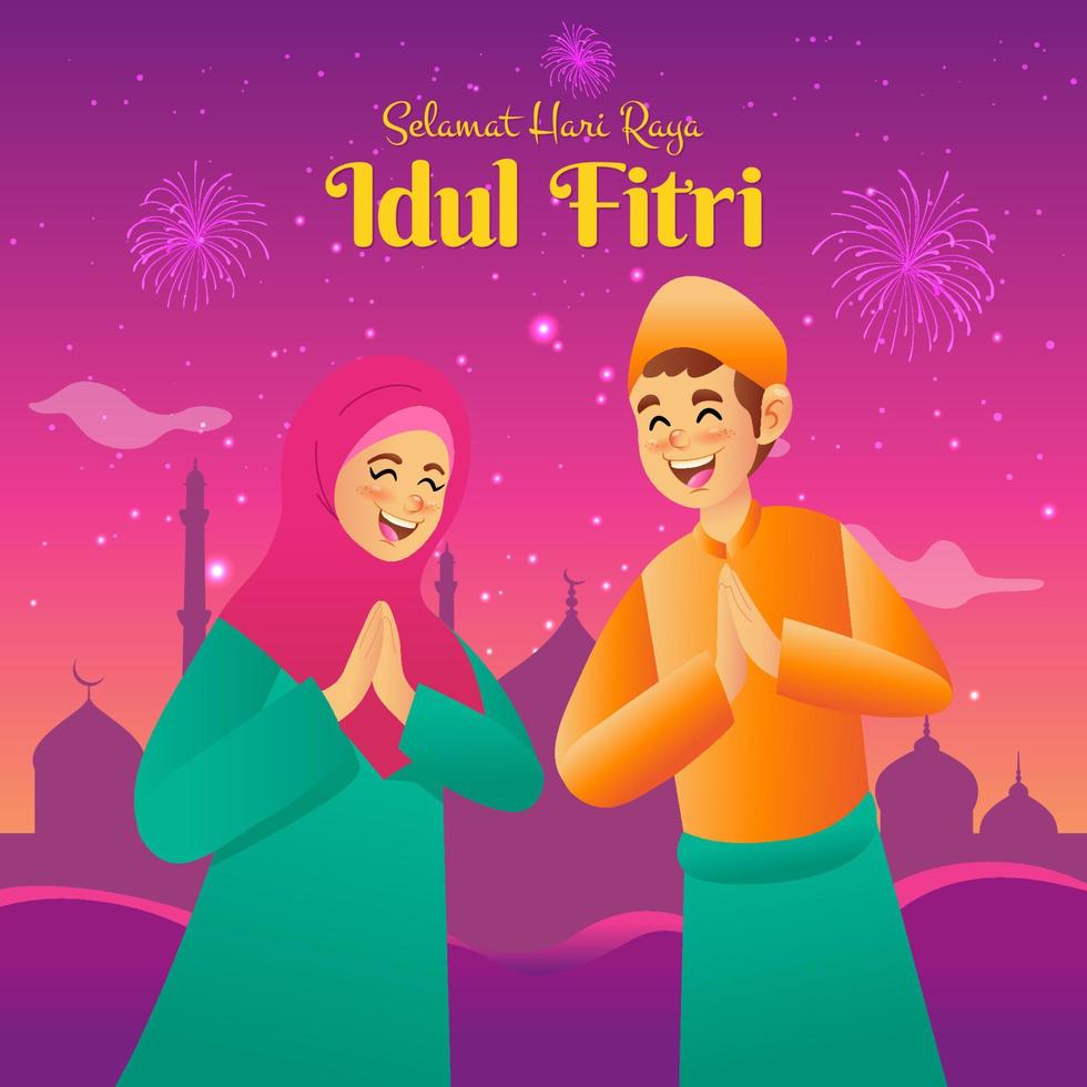 Selamat hari raya Idul Fitri is another language of happy eid mubarak in Indonesian. Cartoon muslim kids blessing Eid al fitr with mosque on background vector