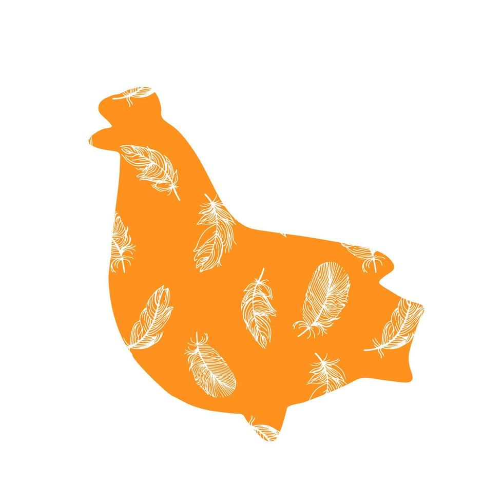 Chicken silhouette with feather seamless pattern on orange background. Vintage card for fabric design. Peacock feather seamless pattern. vector