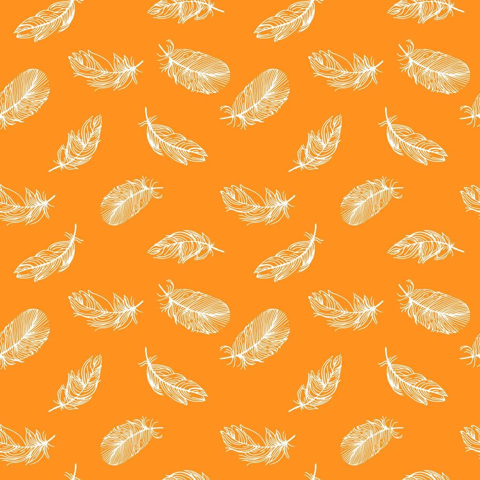 Feather seamless pattern on orange background. Vintage card for fabric design. Peacock feather vector